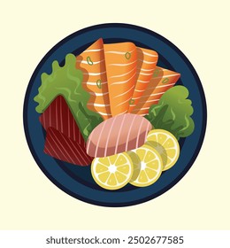 Realistic sashimi assortment on dark plate. Top view. Japanese food. Vector illustration.