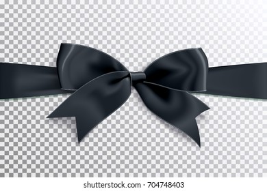 Realistic satin black bow knot on ribbon. Vector illustration icon isolated.