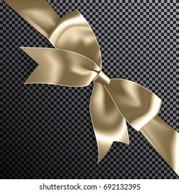 Realistic satin golden bow knot on ribbon. Vector illustration icon isolated.
