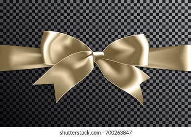 Realistic satin golden bow knot on ribbon. Vector illustration icon isolated.
