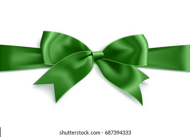 Realistic satin green bow knot on ribbon. Vector illustration icon isolated on white.