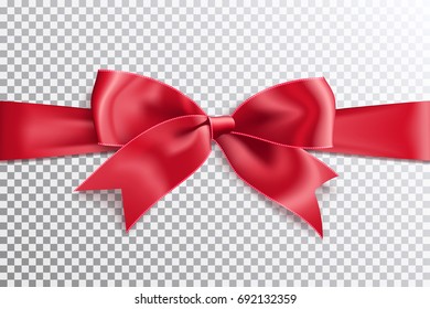 Realistic satin red bow knot on ribbon. Vector illustration icon isolated.