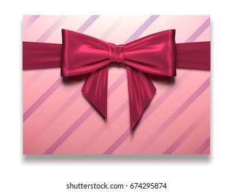 Realistic satin red bow and ribbon isolated on the background of striped box, top view.