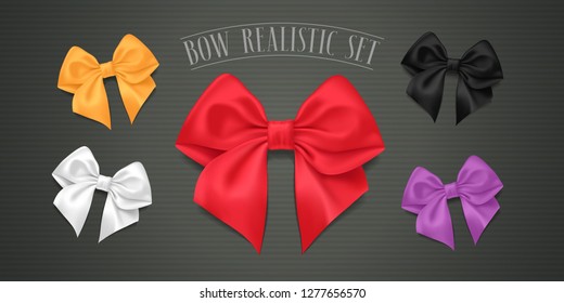 Realistic satin ribbon bow vector illustration. Design element for holidays' gifts, Christmas presents. Red, golden, white bows 