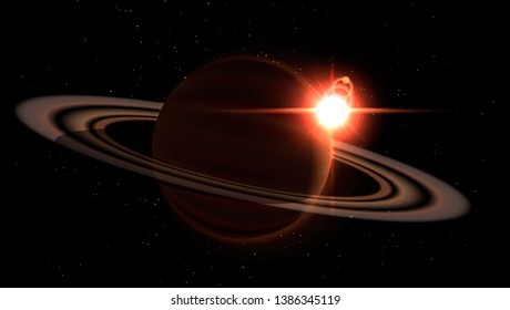 Realistic saturn and saturn rings  in space with stars and solar eclipse, Black open space with a star shining, igniting its horizon.  