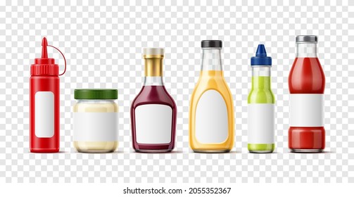 Realistic sauces bottles. Isolated 3D liquid