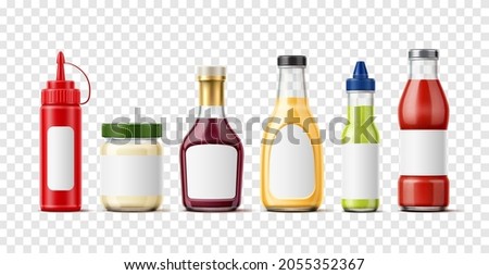 Realistic sauces bottles. Isolated 3D liquid