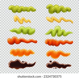 Realistic sauces drip, splash and stains. Ketchup, wasabi, soy or mustard and guacamole. Tabasco, tomato or chili vector wavy sauce strips set. Liquid splats and smear samples of savory seasonings