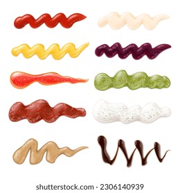 Realistic sauces strips, sauce stain collection. Food toppings, samples of ketchup, mustard mayonnaise and soy. Chili smeared pithy vector set
