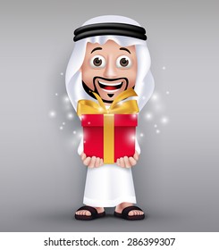 Realistic Saudi Arab Man Wearing Thobe Giving Red Gift Shining With Golden Ribbon For Celebration Like Eid Mubarak Or Birthday. Editable Vector Illustration