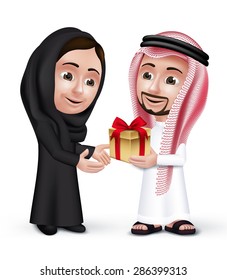 Realistic Saudi Arab Man Wearing Thobe Giving  Golden Gift with Red Ribbon in a Beautiful Woman Wearing Abaya as They are Lovers. Editable Vector Illustration