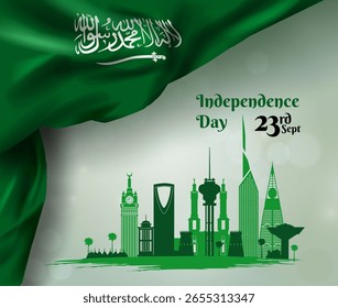 realista Vector de la bandera de Arabia Saudita Fondo de construcción de silueta de Anuncio del Día de la Independencia