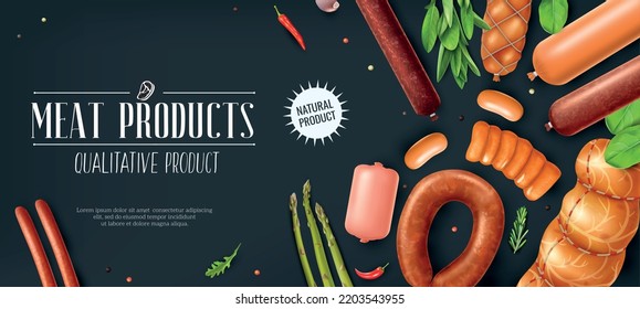 Realistic sausage ad horizontal poster with ornate text badge and icons of prepared processed meat products vector illustration