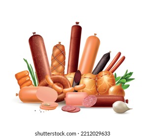 Realistic sausage composition with view of prepared meat products variety with greens spices on blank background vector illustration