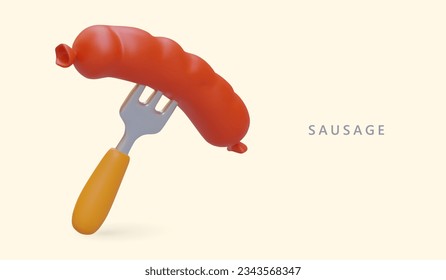 Realistic sausage on fork. Portion meat dish. Quick snack for lunch, dinner. Color horizontal banner for culinary department, fast food. Barbecue symbol