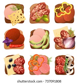 Realistic sausage sandwich set with bread and vegetables isolated vector illustration 