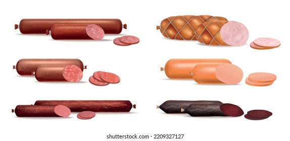 Realistic sausage set with isolated images of pieces and slices of different sausages on blank background vector illustration