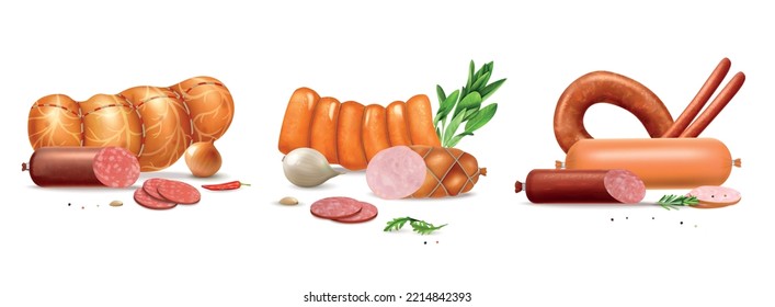 Realistic sausage set of three isolated compositions with ready meat products slices and greens with spices vector illustration
