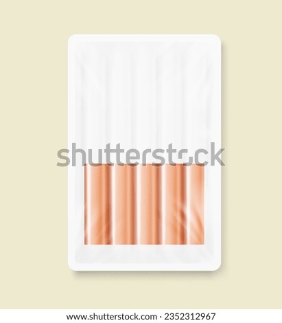 A realistic of a sausage tray container mockup with transparent top film. Vector illustration isolated on colourful background. Template ready to use for your design. EPS10.