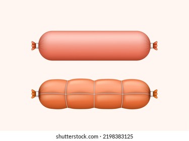 Realistic sausages isolated. Tasty delicious beef or pork meat product. Dishes and fastfood meal ingredient for cooking. 3d vector illustration