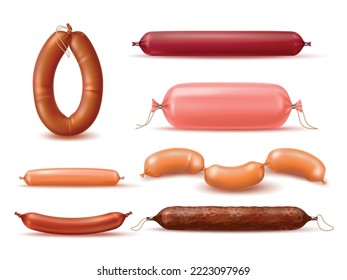 Realistic sausages. Meat products, boiled and smoked delicacies, natural farm food, pork, chicken and beef, different types, gourmet salami wurst, 3d isolated elements, utter vector set