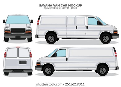 Realista savana van carro vetor mockup para carro branding no fundo branco. Vista de lado, frente, trás