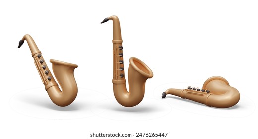 Saxofón realista con textura metálica. Instrumento musical de viento en diferentes posiciones