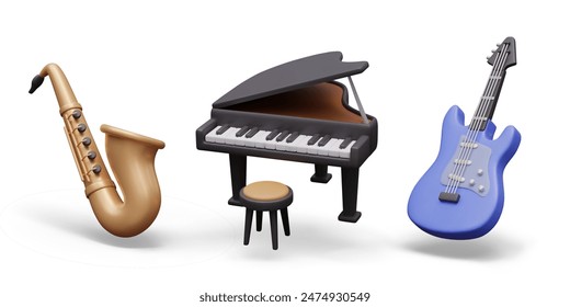 Realistic saxophone, piano with round stool, electric guitar. Set of musical instruments