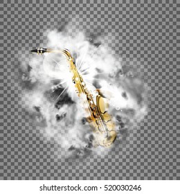 Realistic saxophone in a smoky cloud flash. Isolated objects can be used with any image or text.