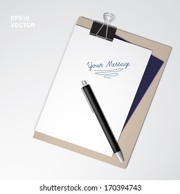 Realistic scalable vector illustration of note papers, pen and paper clip for web page background, text boxes, presentations and layout designs - blue, carton paper version