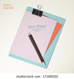 Realistic scalable vector illustration of note papers, pen and paper clip  - orange, cyan version