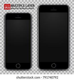 Realistic Scale of Big and Small Smartphone Isolated. Matte Black Color. Front View For Print, Web, Application. High Detailed Device Mockup Separate Groups and Layers. Easily Editable Vector.