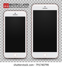 Escala realista de teléfonos inteligentes grandes y pequeños aislados. Color Rosegold. Vista Frontal Para Imprimir, Web, Aplicación. Capas y grupos separados de alto nivel detallado para la captura de dispositivos. Vector fácil de editar.