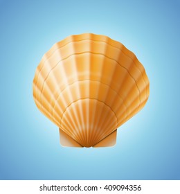 Realistic scallop seashell, isolated on blue background, vector illustration.