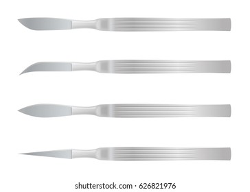 Realistic Scalpel Blade set. Medical instruments. Metallic Surgery equipment. Isolated vector.