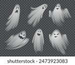 Realistic scary Halloween ghosts. Isolated 3d vector set of scary transparent white ghoul or spirit silhouettes with spooky faces. Horror holiday flying phantoms or nightmare shadows, foggy figures