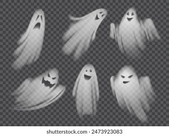 Fantasmas de Halloween realistas y aterradores. Conjunto de Vector 3d aislado de temibles siluetas blancas ghoul o spirit transparentes con caras espeluznantes. Fantasmas voladores de vacaciones de terror o sombras de pesadilla, figuras de niebla