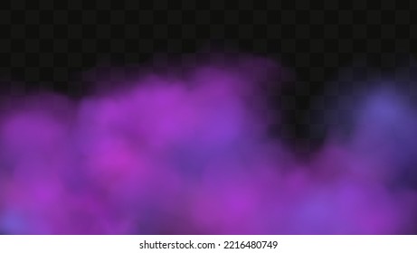 Realistic scary mystical  clouds fog in night Halloween. Purple  flows poisonous gas, dust and smoke effect.Vector illustration.