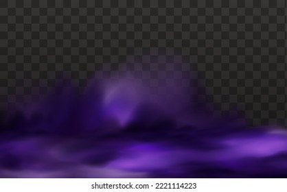 Realistic scary mystical  clouds fog in night Halloween. Purple  flows poisonous gas, dust and smoke effect.Vector illustration.