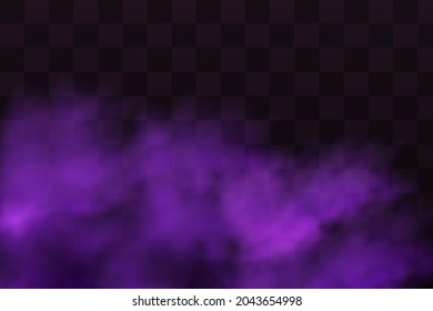 Realistic scary mystical fog in night Halloween. Purple poisonous gas, dust and smoke effect.