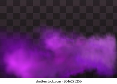 Realistic scary mystical fog in night Halloween. Purple poisonous gas, dust and smoke effect.