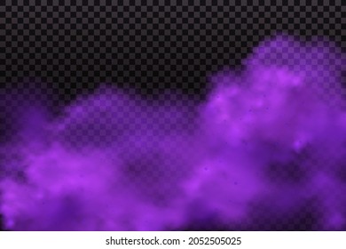 Realistic scary mystical fog in night Halloween. Purple poisonous gas, dust and smoke effect.