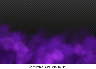 Realistic scary mystical fog in night Halloween. Purple poisonous gas, dust and smoke effect.