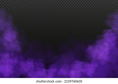 Realistic scary mystical fog in night Halloween. Purple poisonous gas, dust and smoke effect.