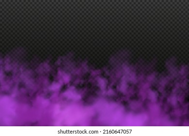 Realistic scary mystical fog in night Halloween. Purple poisonous gas, dust and smoke effect.