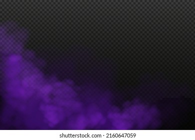 Realistic scary mystical fog in night Halloween. Purple poisonous gas, dust and smoke effect.