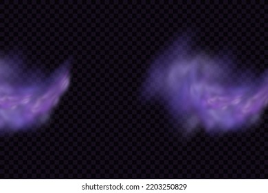 Realistic scary mystical fog in night Halloween. Purple poisonous gas, dust and smoke effect.