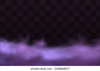 Realistic scary mystical fog in night Halloween. Purple poisonous gas, dust and smoke effect.