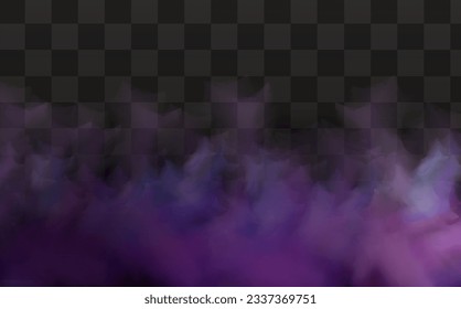 Realistic scary mystical fog in night Halloween. Purple poisonous gas, dust and smoke effect on transparent dark background.Vector illustration.