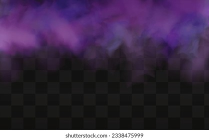 Realistic scary mystical fog in night Halloween. Purple poisonous gas, dust and smoke effect on transparent dark background.Vector illustration.